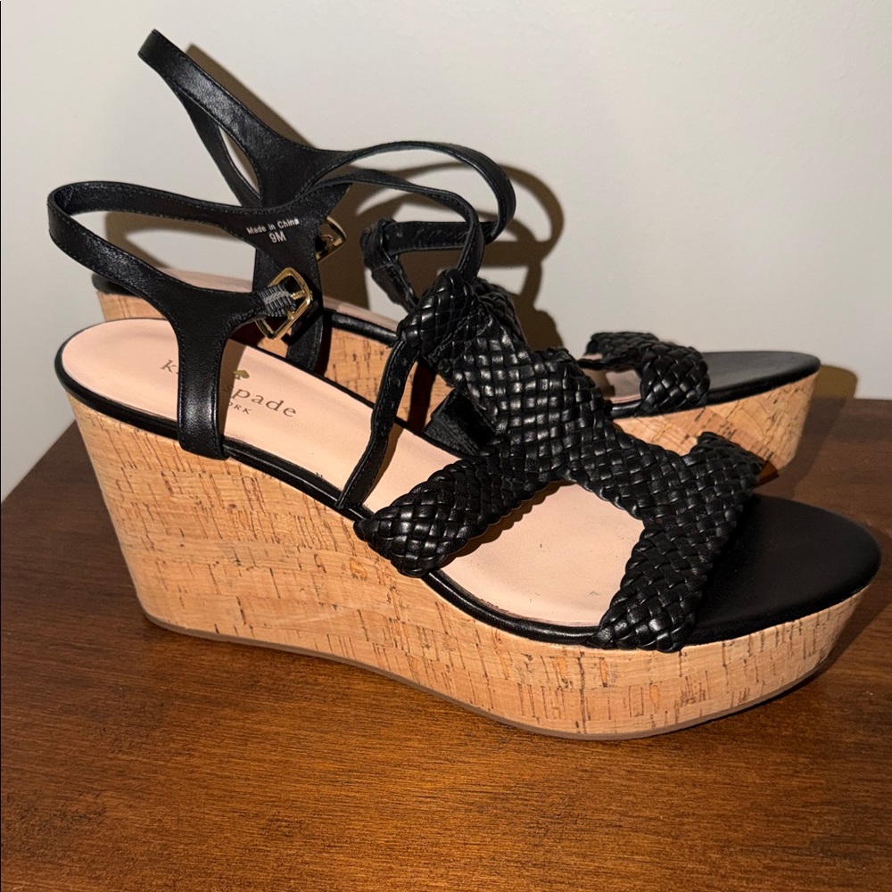 Kate Spade Black Tallin T-Strap black woven leather cork wedge platform sandal 9